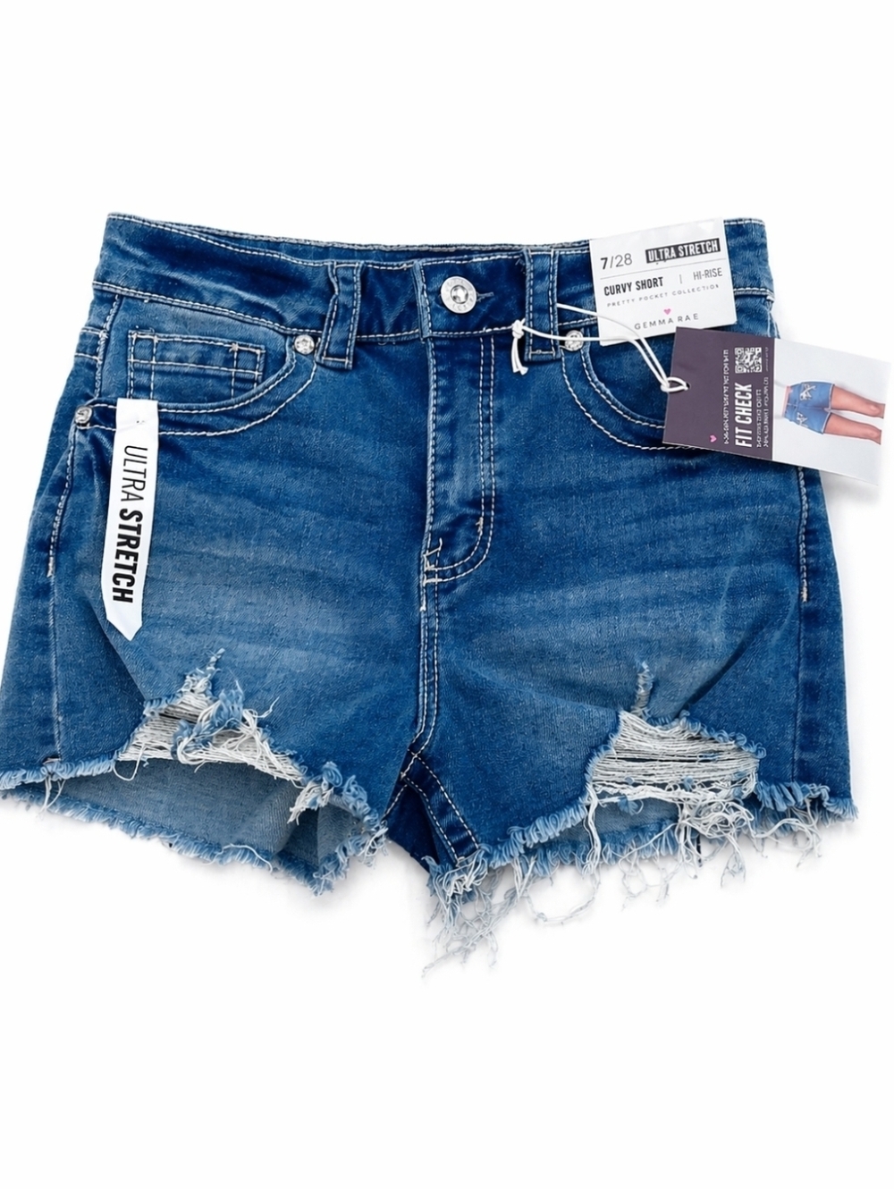 Gemma Rae Ultra Stretch Curvy Denim Shorts Size 7/28 Distressed Hem Rhinestone - Picture 2 of 3